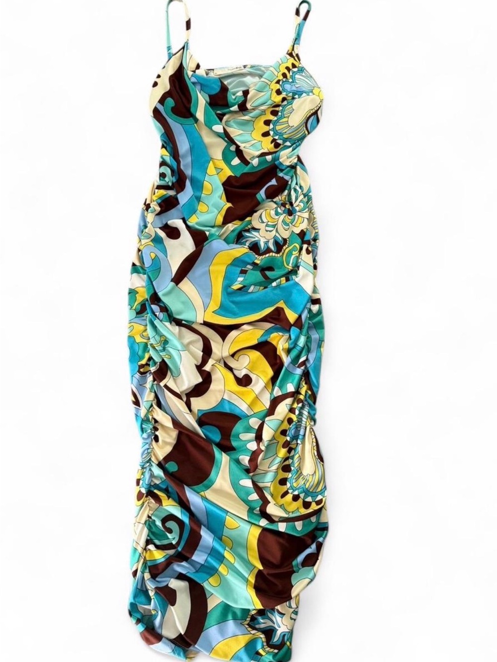 Abstract Floral Ruched Midi Dress in Turquoise, Brown & Cream